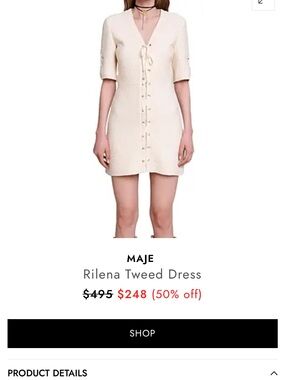 NWOT Maje Rilena Ivory Lace-Up Tweed Dress